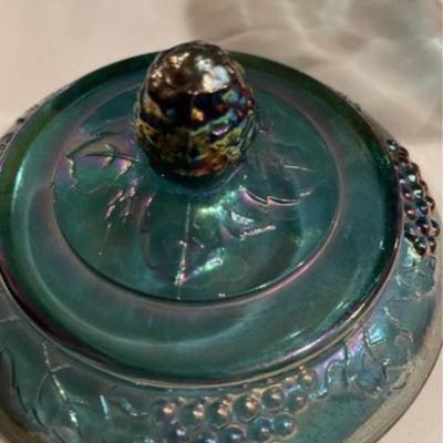 Two Vintage Indiana Harvest Grape Carnival Glass Iridescent Blue Covered Compote Candy Dish