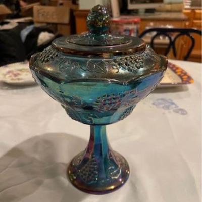 Two Vintage Indiana Harvest Grape Carnival Glass Iridescent Blue Covered Compote Candy Dish