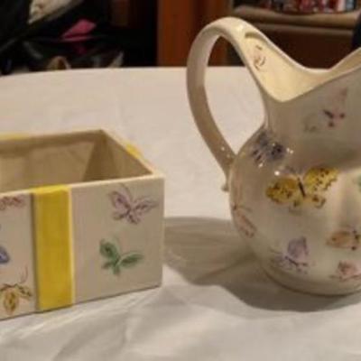 Vintage Butterfly pitcher and matching tea bag storage box