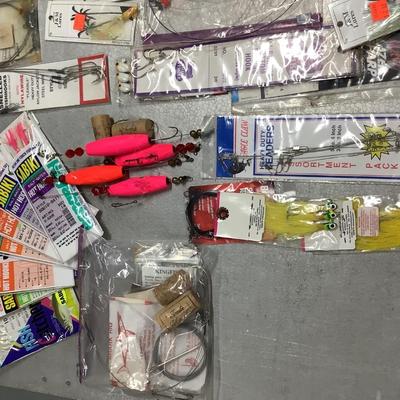 Saltwater leaders, lures, new in package squid bait, etc