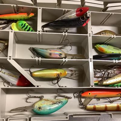 Plano blue tackle box, see through top, lots of lures!