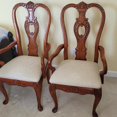 8-Virginia House wooden & upholstered dining chairs, 2 are captains chairs