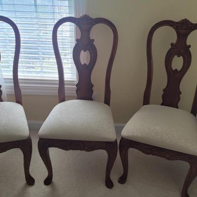 8-Virginia House wooden & upholstered dining chairs, 2 are captains chairs