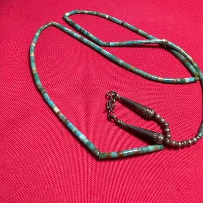 Native American 25" single strand Turquoise barrel bead / sterling closure