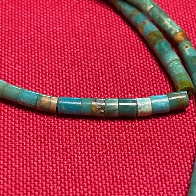 Native American 25" single strand Turquoise barrel bead / sterling closure