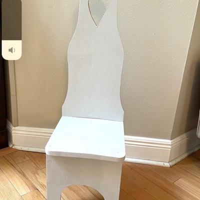 Childâ€™s vintage high-back chair solid wood refinished in  soft gray. 34â€ high from top of chair to floor. Seat to floor is 12â€....