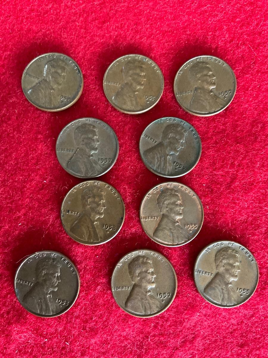 10 1950’s wheat pennies.