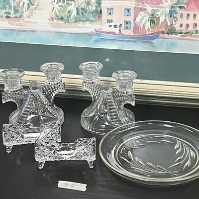 candle holders, cut glass footed elongated and plate