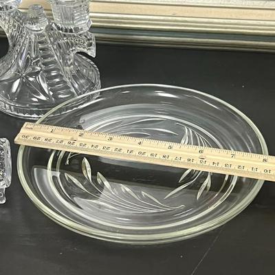 candle holders, cut glass footed elongated and plate