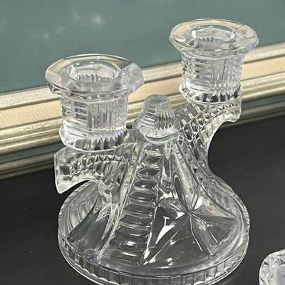 candle holders, cut glass footed elongated and plate