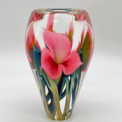 Lotton Studios ~ Jerry Heer, Artist ~ Hand Blown Pink Floral Glass Vase