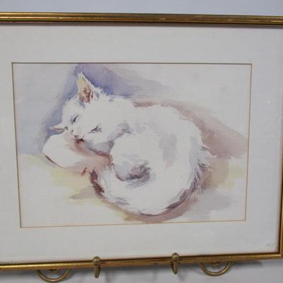 Framed Sleeping Kitty Watercolor Art
