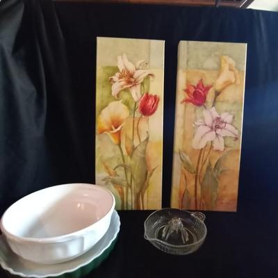 LOT 46 VARAGES BAKEWARE-GLASS JUICER-HANGING WALL ART