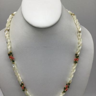 Vintage 3 Strand Rice Twisted MOP Mother of Pearl Jade Coral Necklace  1960s