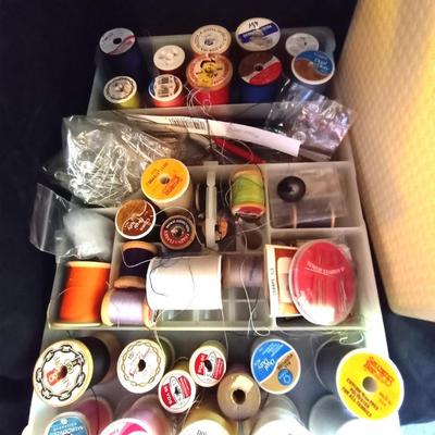 LOT 52 SEWING BOX-ELECTRIC SCISSORS-THREAD