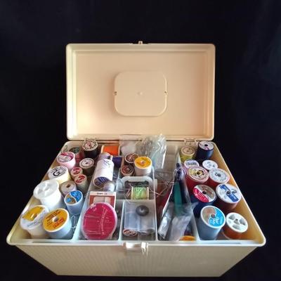 LOT 52 SEWING BOX-ELECTRIC SCISSORS-THREAD