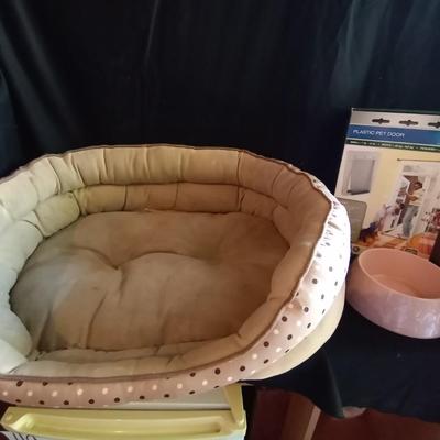 LOT 53 NEW SMALL PET DOOR-BED AND BOWL