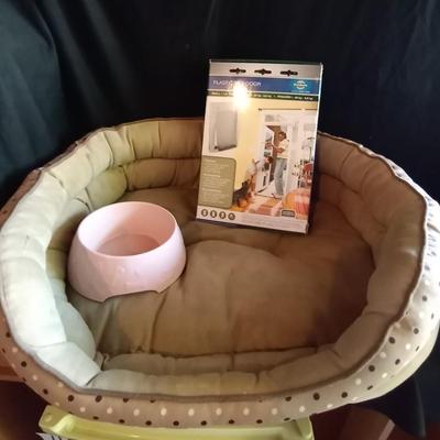 LOT 53 NEW SMALL PET DOOR-BED AND BOWL