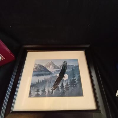 LOT 56 FRAMED AND SIGNED EAGLE ARTWORK & AMERICA BOOK