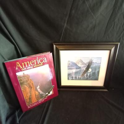 LOT 56 FRAMED AND SIGNED EAGLE ARTWORK & AMERICA BOOK