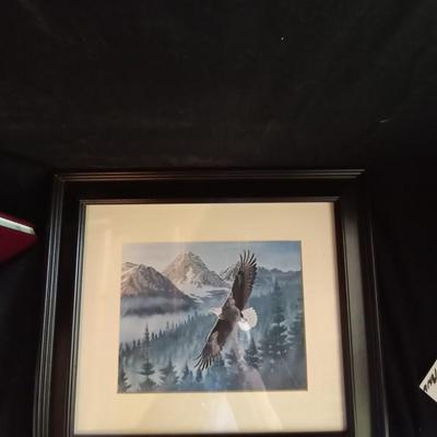 LOT 56 FRAMED AND SIGNED EAGLE ARTWORK & AMERICA BOOK