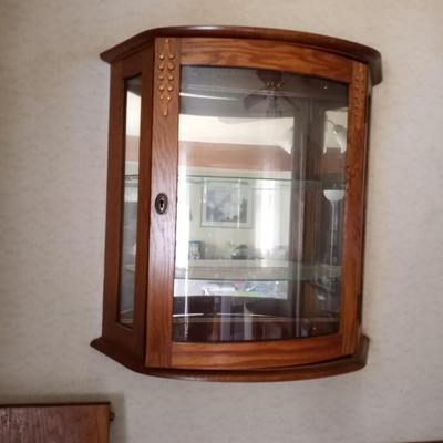 LOT 64 WOODEN WALL DISPLAY CASE WITH KEY