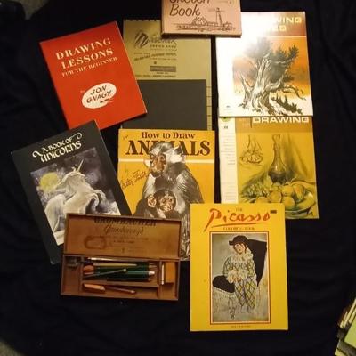 LOT 95  WOODEN PENCIL BOX AND SKETCH BOOKS AND PAPER
