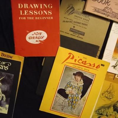 LOT 95  WOODEN PENCIL BOX AND SKETCH BOOKS AND PAPER