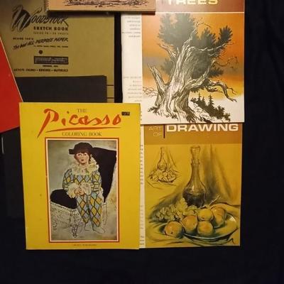 LOT 95  WOODEN PENCIL BOX AND SKETCH BOOKS AND PAPER
