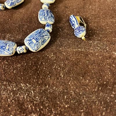 Rare Vintage Hand Painted,  Blue/ White Silk strung Chinese Porcelain Pendant U Shape, Necklace and Earrings set 