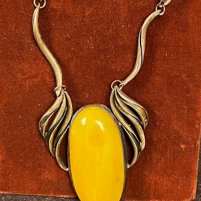 Elaborate Art Nouveau Like Design, Mustard Colored Plastic Oval Necklace Set in Silver Toned