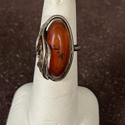 Silver & Amber RING with Leaf -  Not Marked 