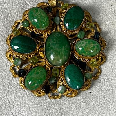 BEST OF SHOW!!! Brass POSSIBLE AN UNSIGNED HASKELL Filigree Pendant with Several Large Green Stones and Beads 