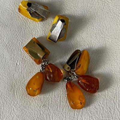 2 Pair of Vintage Amber and ? Earrings Clip on 