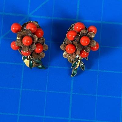 Vintage Marked Amourelle Coral Costume Earrings 