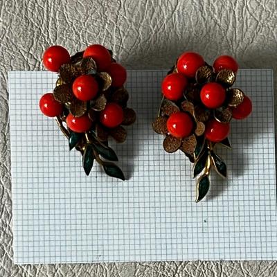 Vintage Marked Amourelle Coral Costume Earrings 