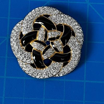 Swarovski Swan Signed Gold Plated Brooch With Clear Black Cloisonne