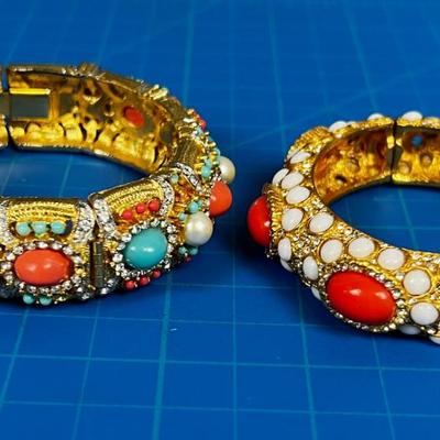 2 B-Jeweled Bracelets: Cuff Coral, White Turquoise COLOR on GOLD tone