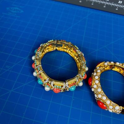 2 B-Jeweled Bracelets: Cuff Coral, White Turquoise COLOR on GOLD tone