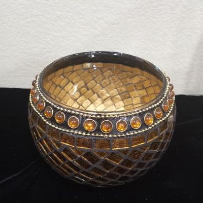 LOT 113  AMBER GLASS CANDLE HOLDER, MOSAIC BOWL AND CRYSTAL VASE