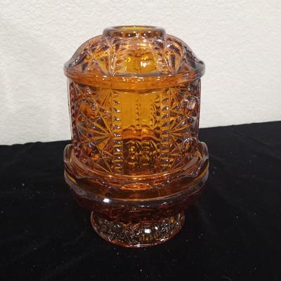 LOT 113  AMBER GLASS CANDLE HOLDER, MOSAIC BOWL AND CRYSTAL VASE