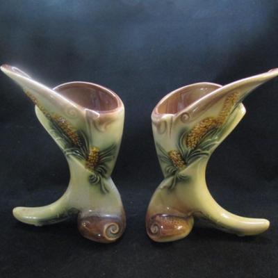 Pair of Vintage Hull Pottery Vases- Parchment and Pine Design (#3)