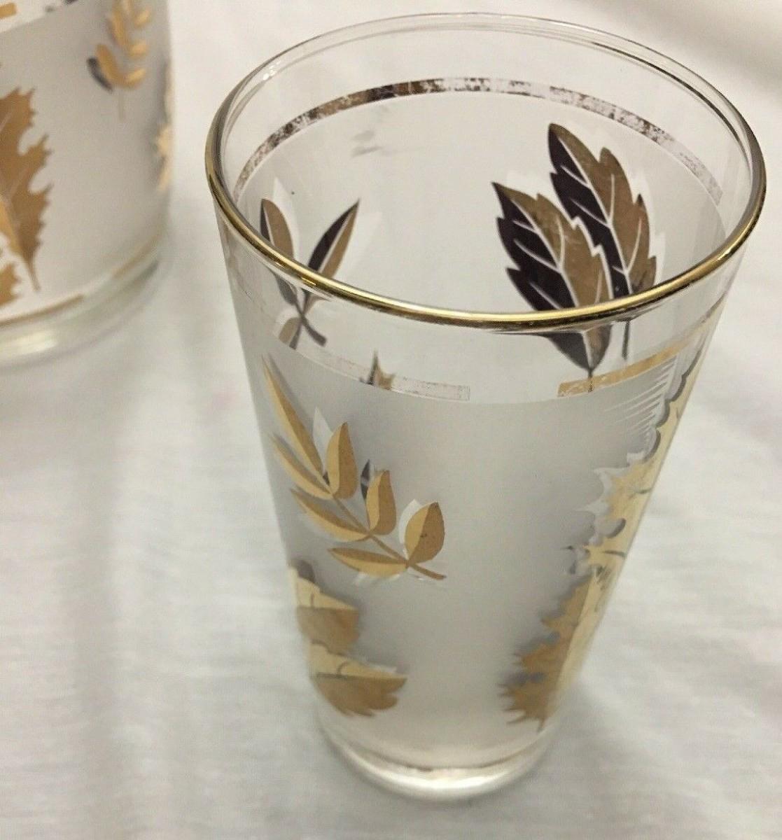 Libbey Gold Leaf Frosted Glass Ice Bucket & 2 Beverage Glasses Vintage