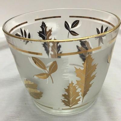 Libbey Gold Leaf Frosted Glass Ice Bucket & 2 Beverage Glasses Vintage