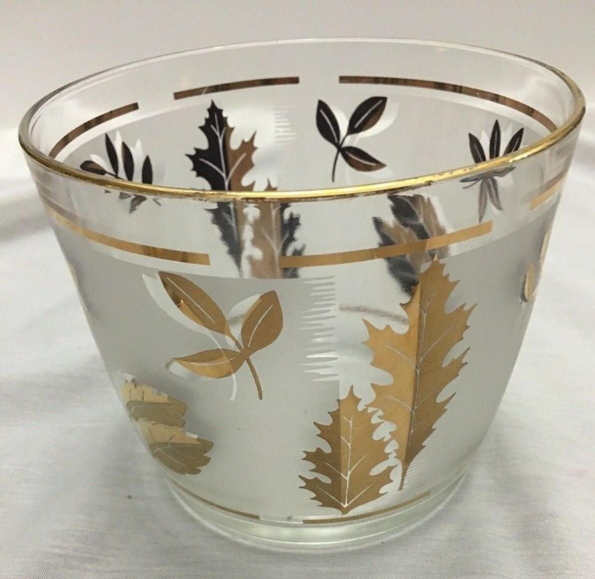 Libbey Gold Leaf Frosted Glass Ice Bucket & 2 Beverage Glasses Vintage