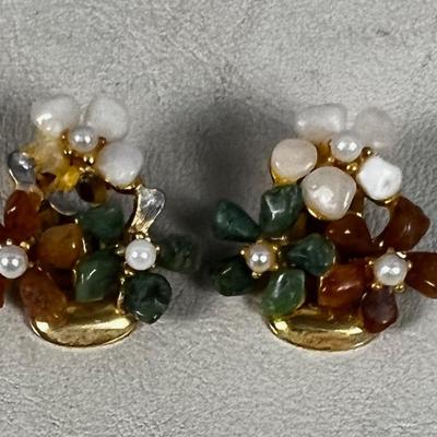 Vintage SWOBODA Clip On Earrings with Multi Stone Flowers 