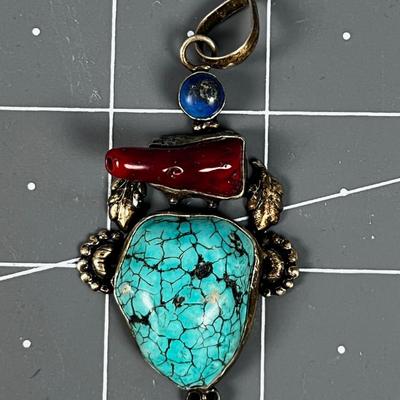 Marked 925 Pendant Coral, Lapis And Turquoise 