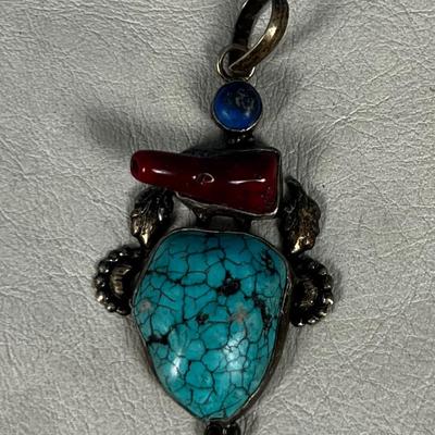 Marked 925 Pendant Coral, Lapis And Turquoise 