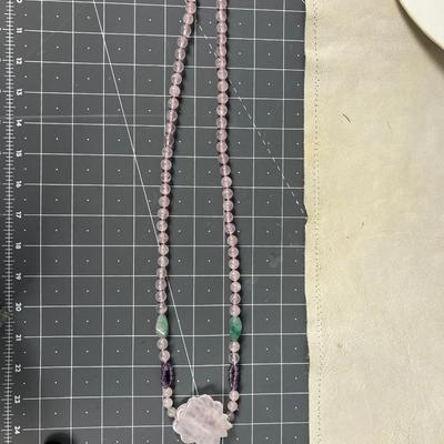 Pink Rose of Pink Rose Quartz Necklace Plus - Green Stone and Lavender Jade. 