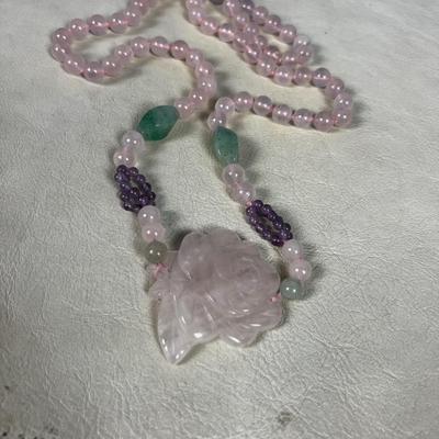Pink Rose of Pink Rose Quartz Necklace Plus - Green Stone and Lavender Jade. 